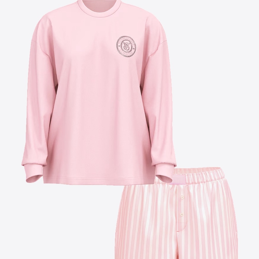 Victorias Secret Long Sleeve Shorts Tee-Jama Size Small Pink Striped